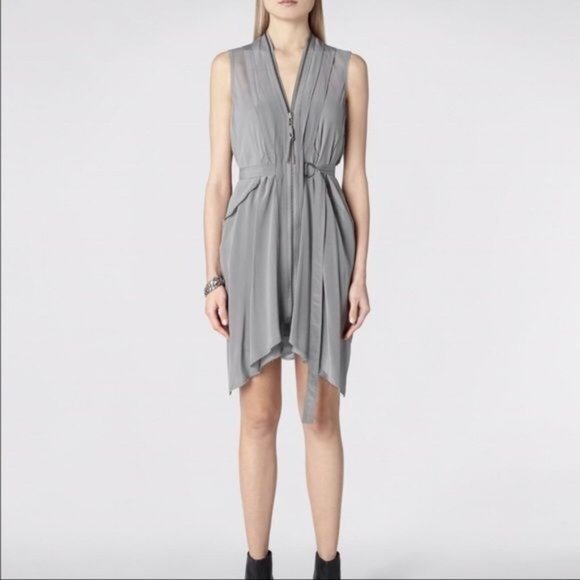 All Saints Pale Gray Lewis Dress Women's Size 6 Silk Tunic Flowy belt dress - Picture 2 of 8